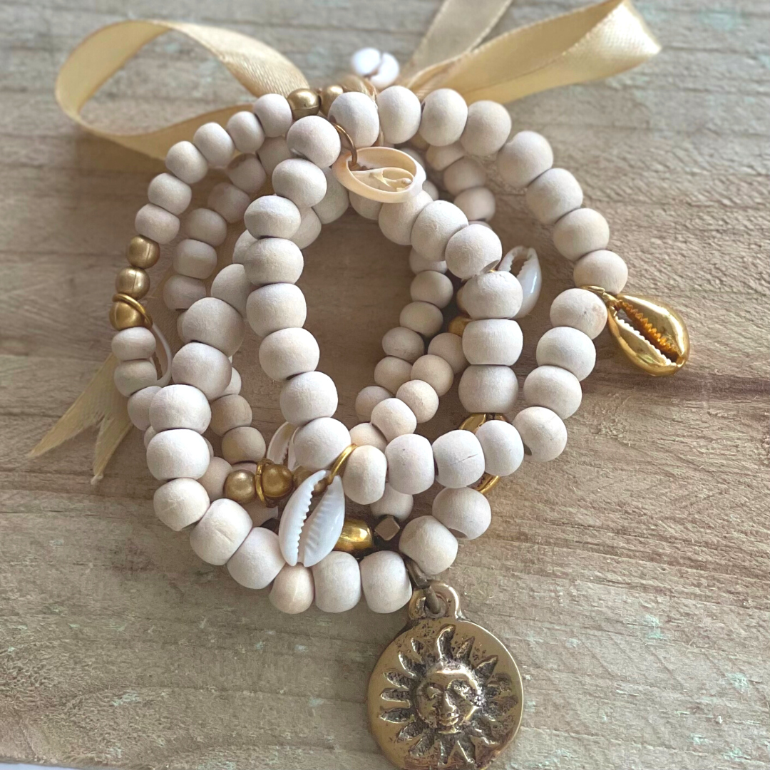 Boho Wood Bead Charm Bracelet Set1