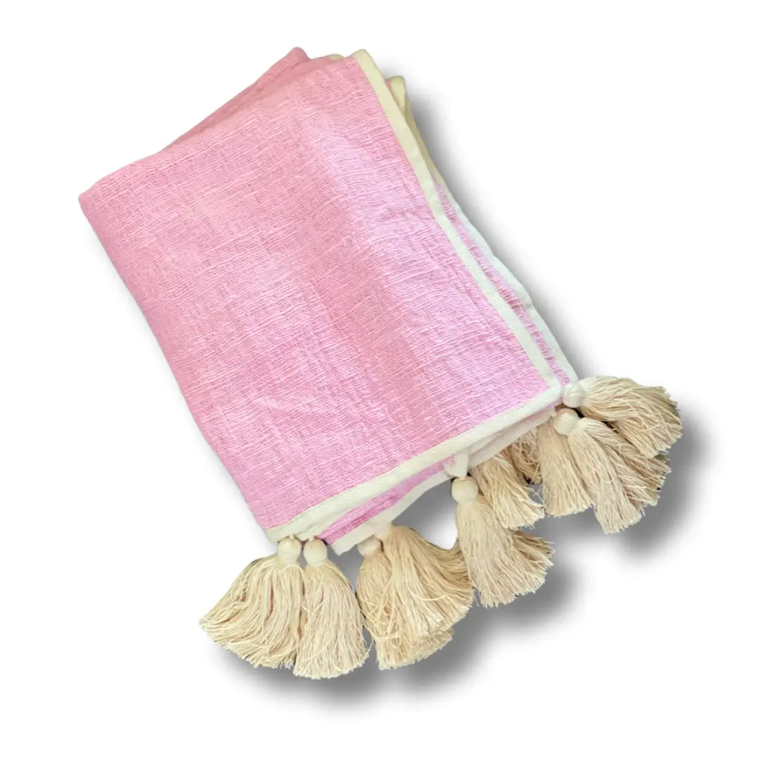 Boho Pink Cotton Throw with Tassels Suksma