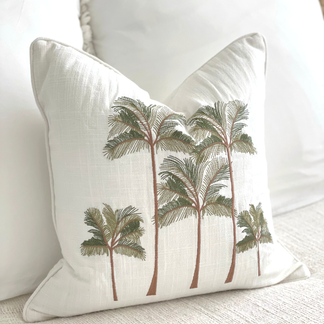 Five Palms Embroidered Linen Cushion Cover|Green