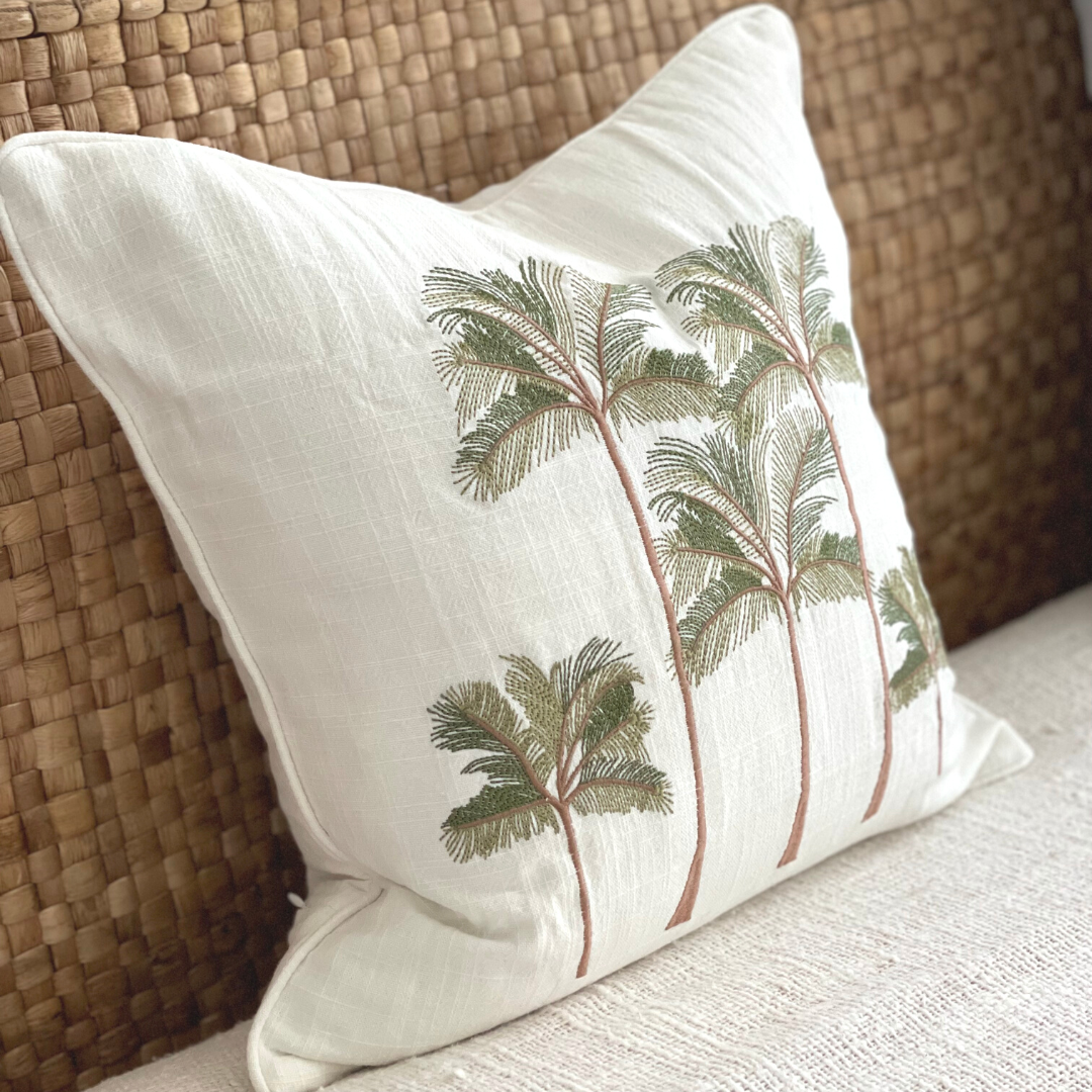 Five Palms Embroidered Linen Cushion Cover|Green