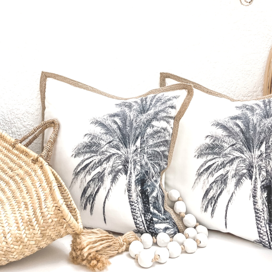 Madeline White Cotton & Navy Palm Cushion Cover