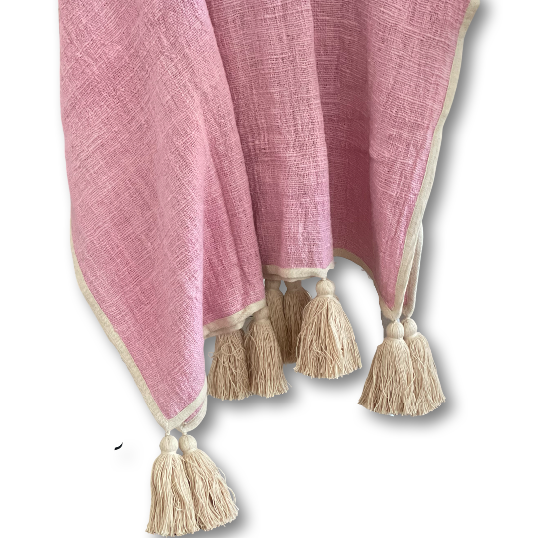 Pink Cotton Throw Blanket with Tassels