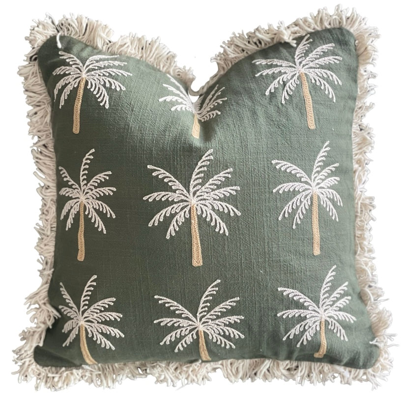 green linen palm tree cushion